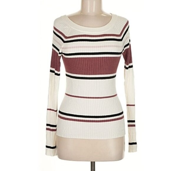 Women's Express long sleeve striped, white/black/mauve, pullover sweater. Medium - Picture 1 of 9
